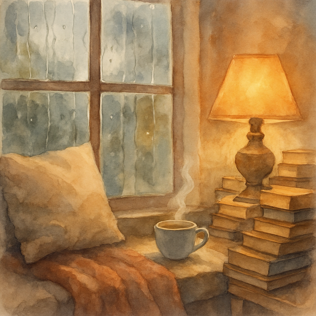 A cozy reading nook by a window on a rainy afternoon, warm l