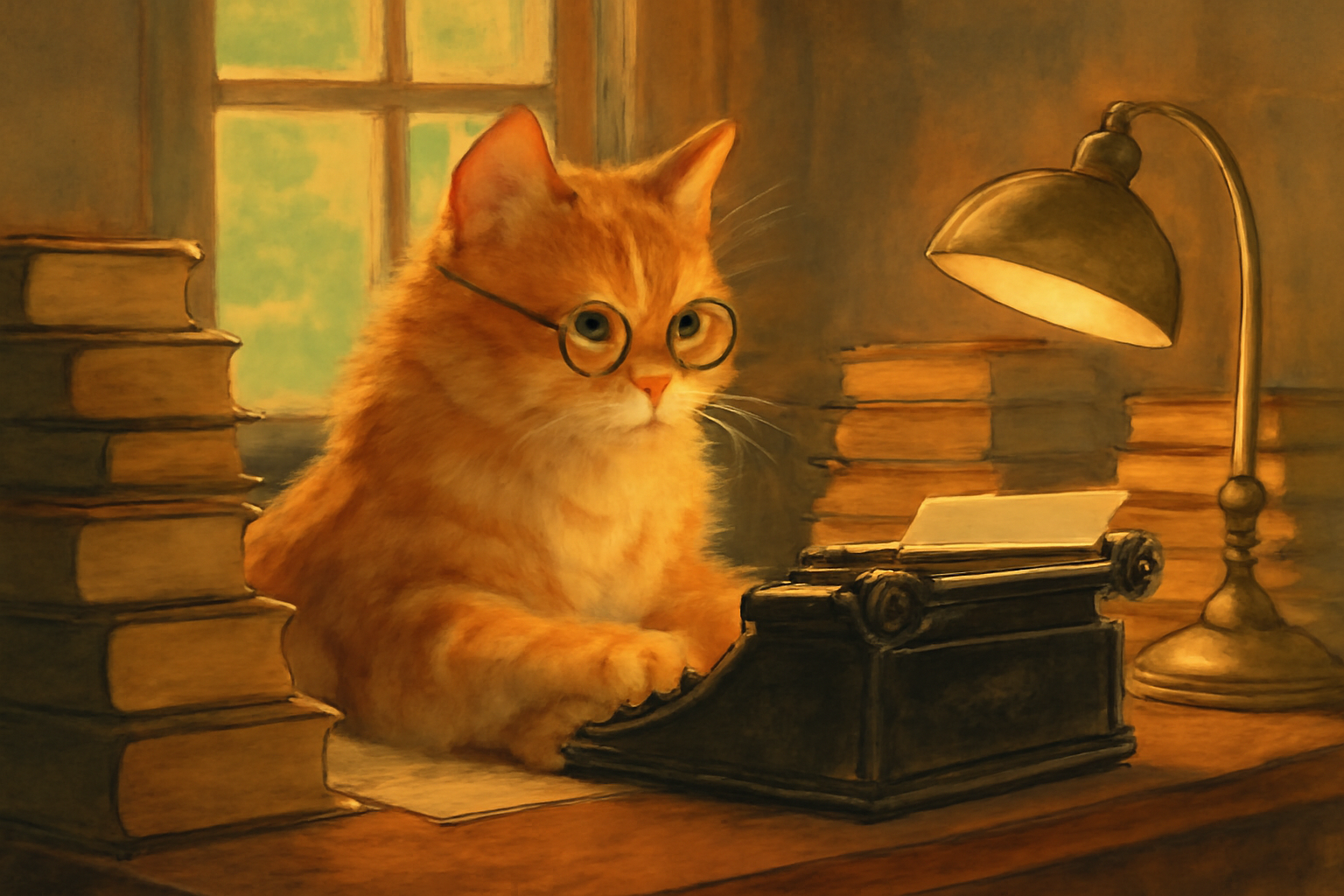 A majestic orange tabby cat wearing tiny round glasses, sitt